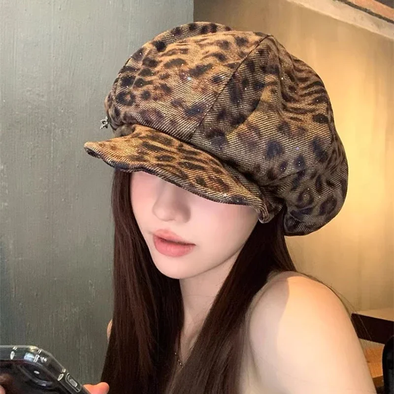 American Y2k Personalized Star Leopard Print Beret Spring and Summer Outdoor Big Head Sunshade Octagonal Newsboy Cap for Women 3