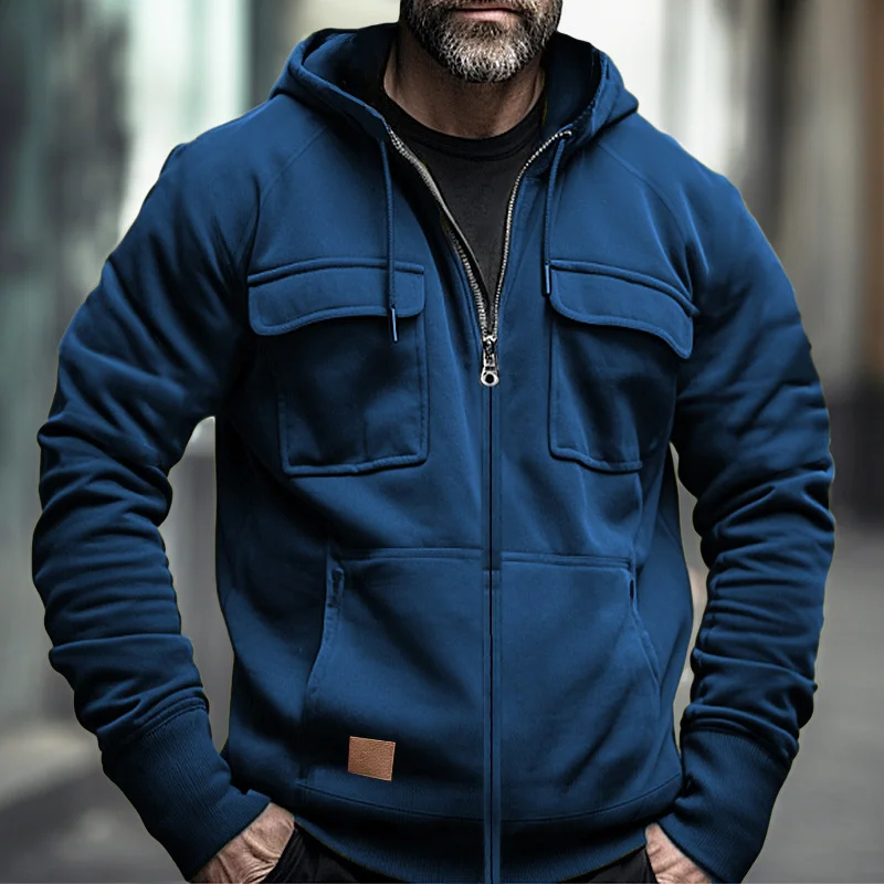

2024 Men's Fall Hoodie Sweatshirt Multi Pocket Men's Hooded Jacket Outdoor Full Zip Tactical Hoodie Solid Color Sweatshirt