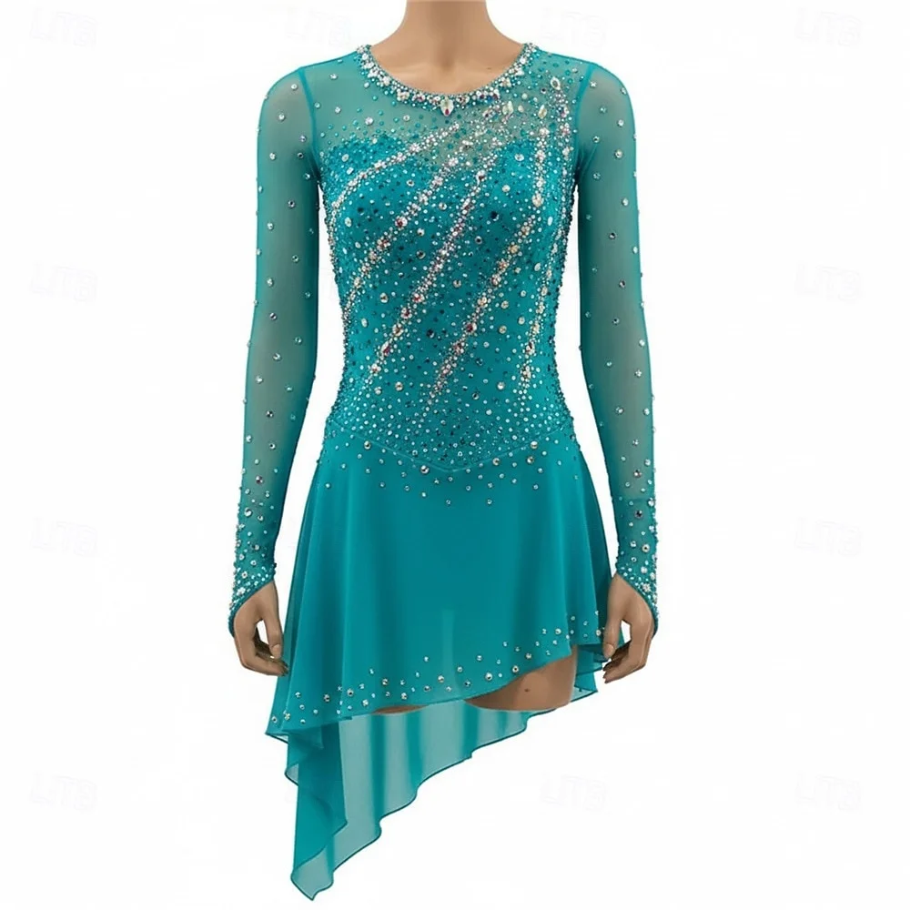 

Платье для фигурного катания женское, зеленое, с лоскутным подолом, эластичное, для тренировок и соревнований, классическое, с длинным рукавом, для катания на коньках