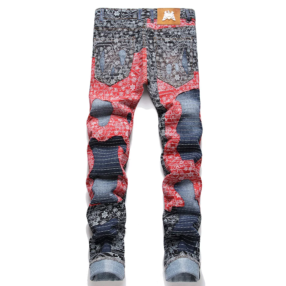 Men Bandanna Print Denim Jeans Bandana Paisley Patches Patchwork Pants Streetwear Contrast Color Slim Straight Trousers