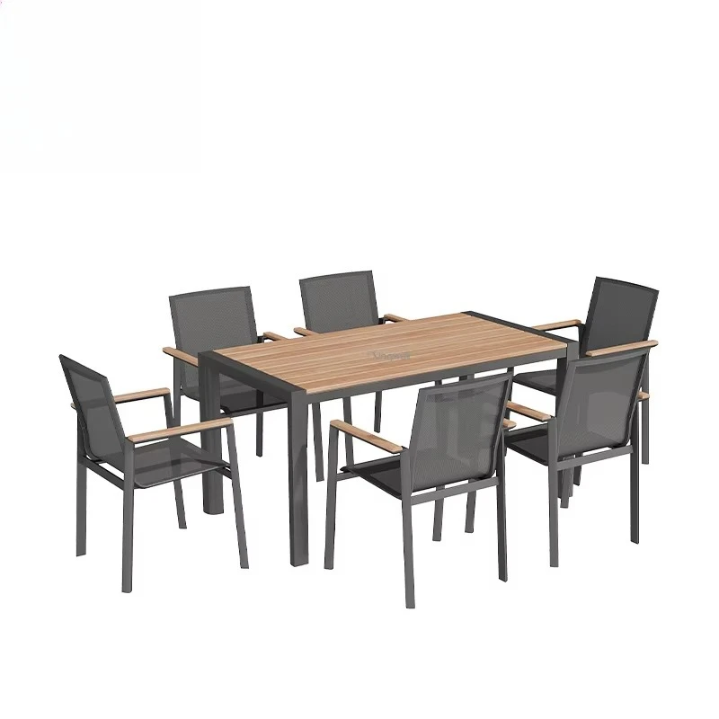 

Wholesale Price Patio Outdoor Furniture Plastic Wood Dining Set Luxury Aluminum Frame Teak Wood Table and Chair for Restaurant