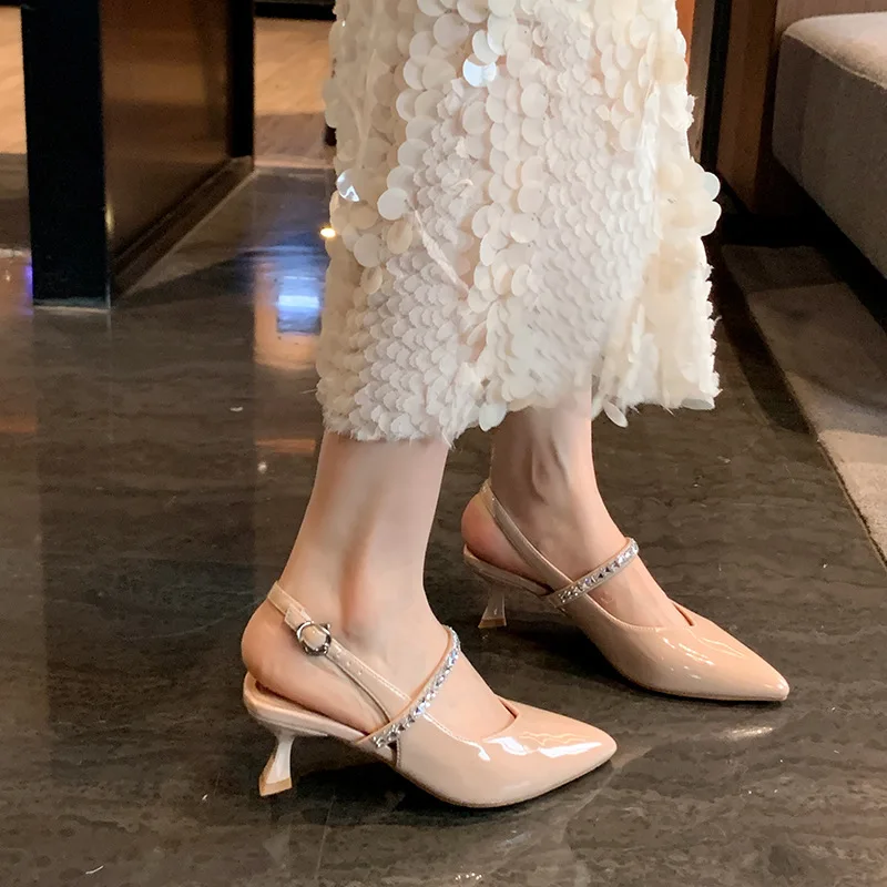 Nude-colored closed-toe mules with rhinestones, pointed-toe high heels for wide and wide-footed women, plus-size women's shoes view 2