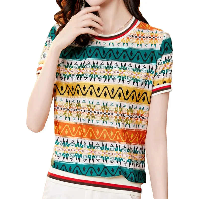 Pastoral Style Short Sleeve T Shirt Women Summer New Versatile Tops Heavy Industry Hot Diamond Print Slim Small Shirt High-grade