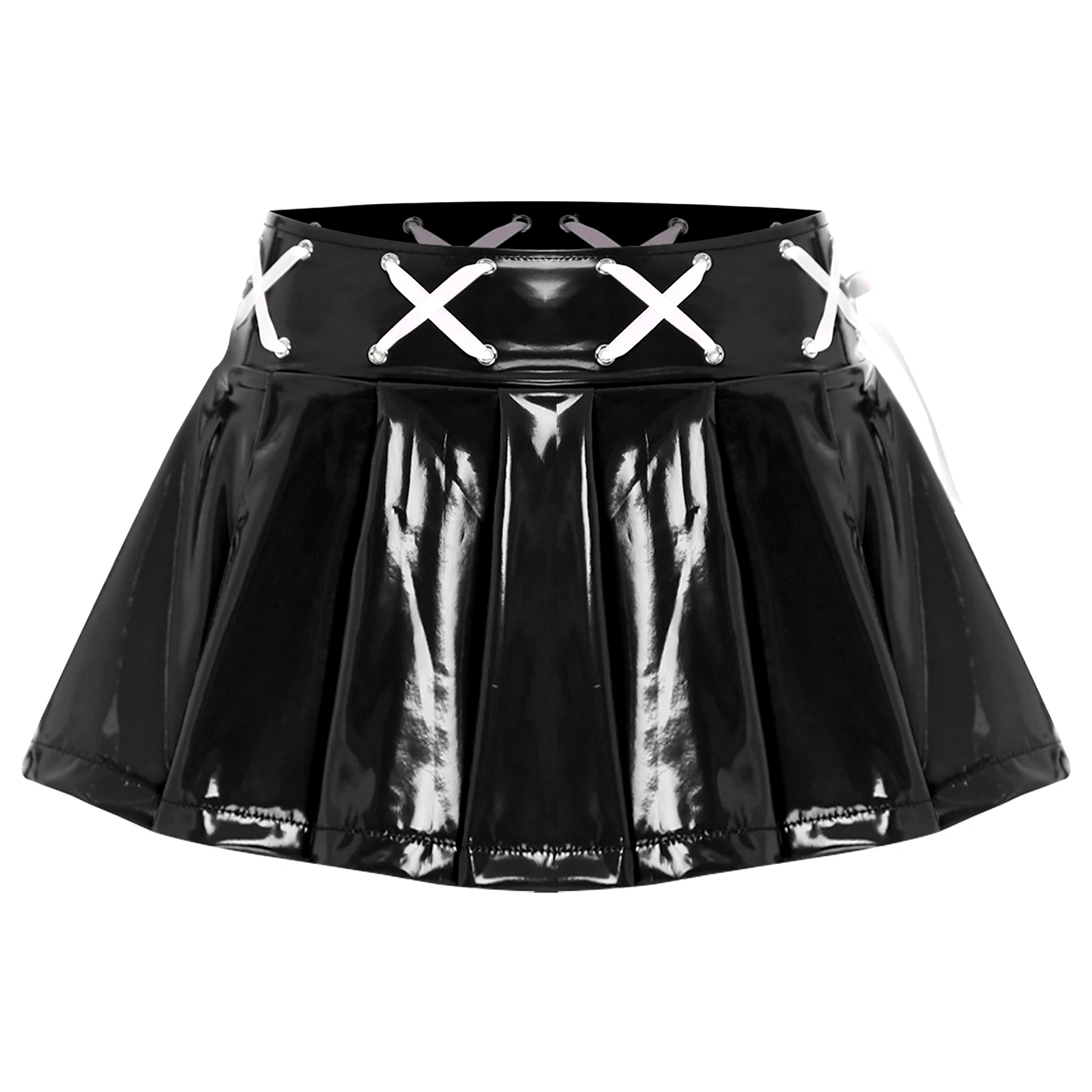 Womens Wet Look Mini Skirt Patent Leather Pleated Skirt Cross Lace-up Ribbon Invisible Zipper Rave Party Clubwear Stage Costume