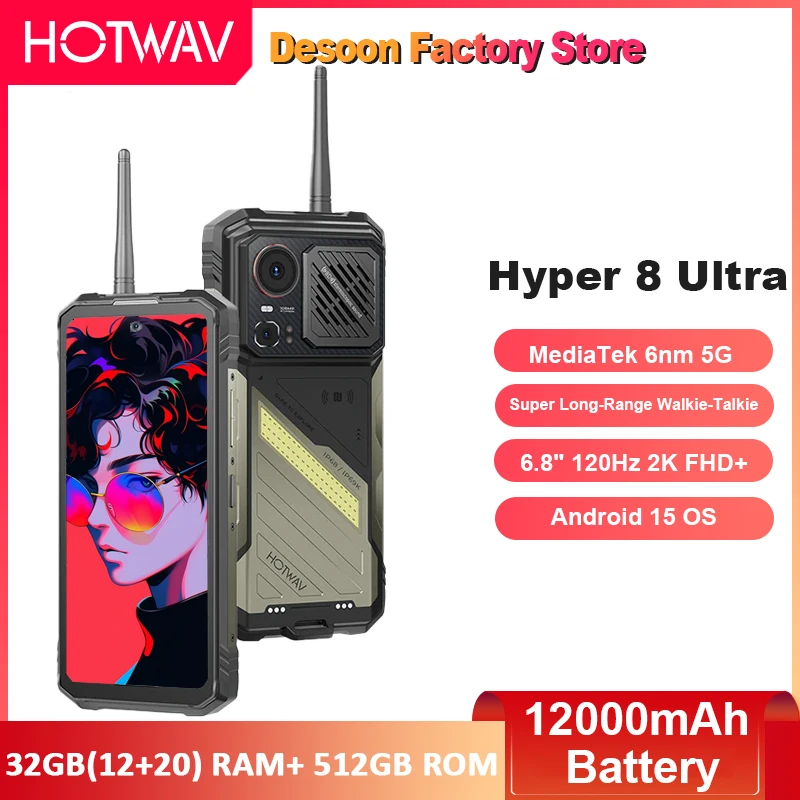 HOTWAV Hyper 8 Ultra MTK7050 Rugged Phone 6.8'' FHD+ 120Hz Display 108MP Cellphone Android 15 12GB 512GB 12000mAh 55W Fast Charg
