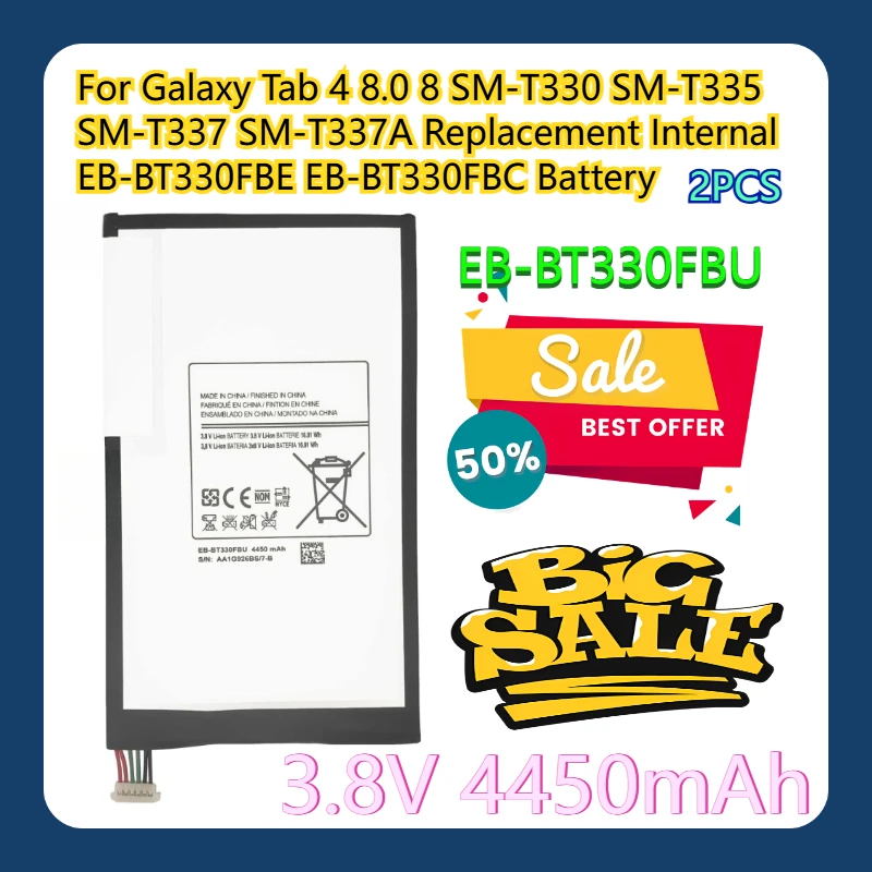 

Для Galaxy Tab 4 8,0 8 SM-T330 SM-T335 SM-T337 SM-T337A 3,8 В 4450 мАч Сменный внутренний аккумулятор EB-BT330FBE EB-BT330FBC 2 шт.