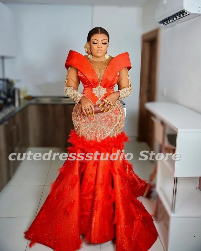 Customized Lace Evening Dresses Beaded Aso Ebi Party Outfit Mermaid Prom Gowns African Women Plus Size Wedding Reception Dress