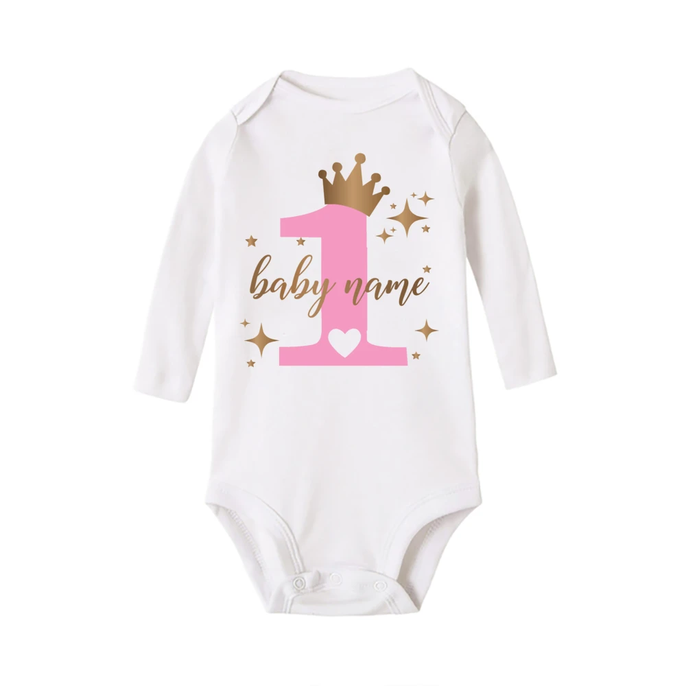 Personalized Baby 1st Birthday Romper Custom Name Newborn Bodysuit Infant Long Sleeve Jumpsuit Princess Birthday Party Clothes