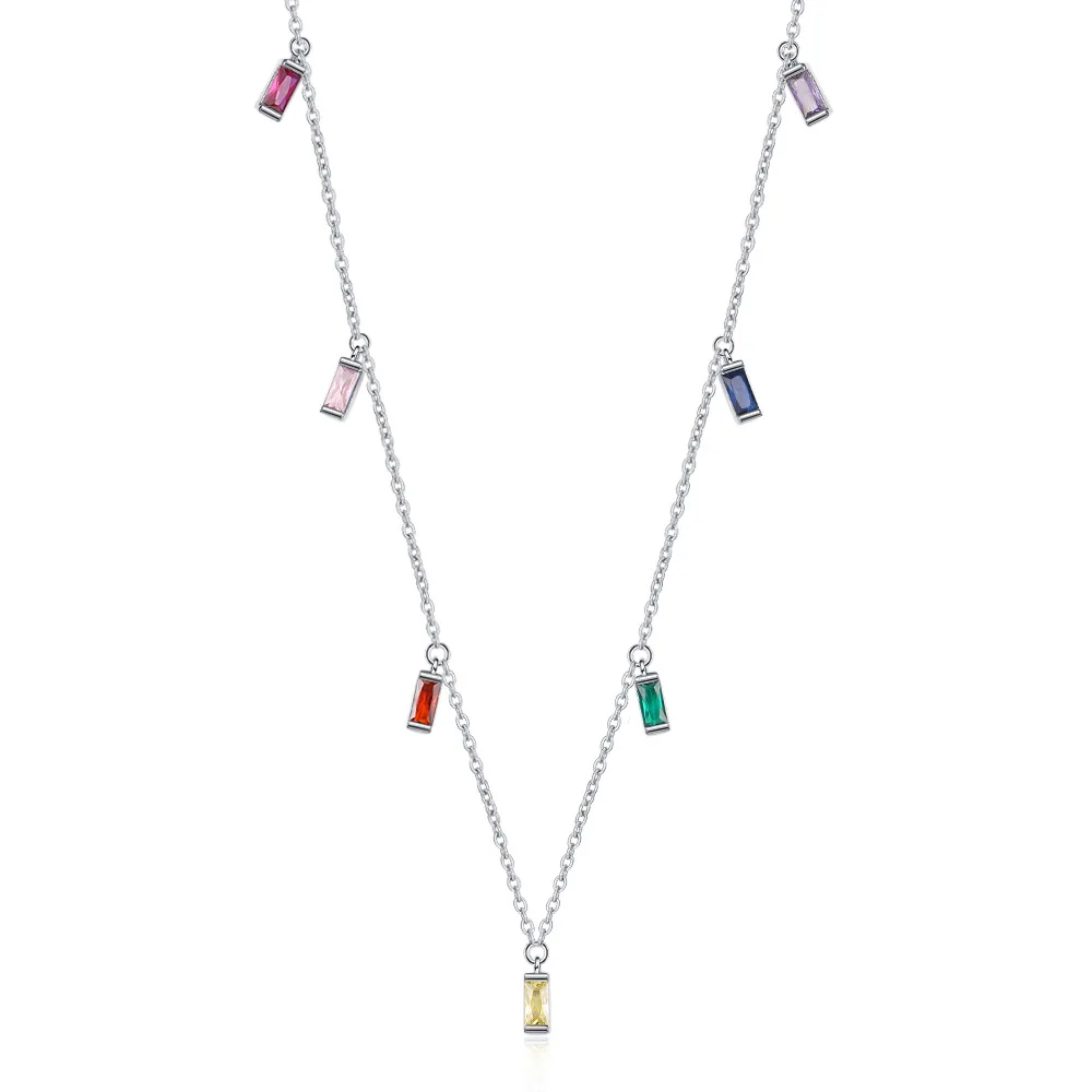 

925 Sterling Silver Style Inlay Rectangle CZ Pendant Necklace Tassel Style Chain Retro Style Jewelry