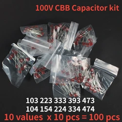 100PCS CBB Capacitor 100V 103 223 333 393 473 474 104 154 224 10nF 22nF 33nF 39nF 47nF 470nF Polypropylene Film Capacitors Kit