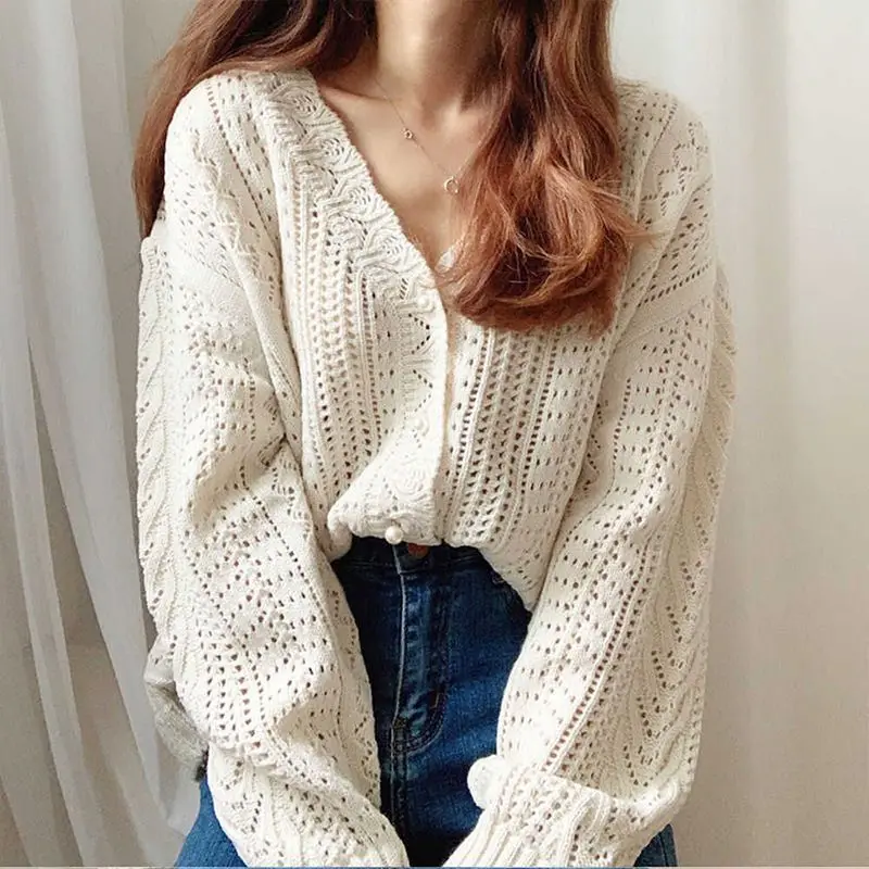 2024 New Summer Harajuku Retro Aesthetic Office Lady Coat Women Hollow Out Button Simplicity Knitting V Neck Long Sleeve Tops