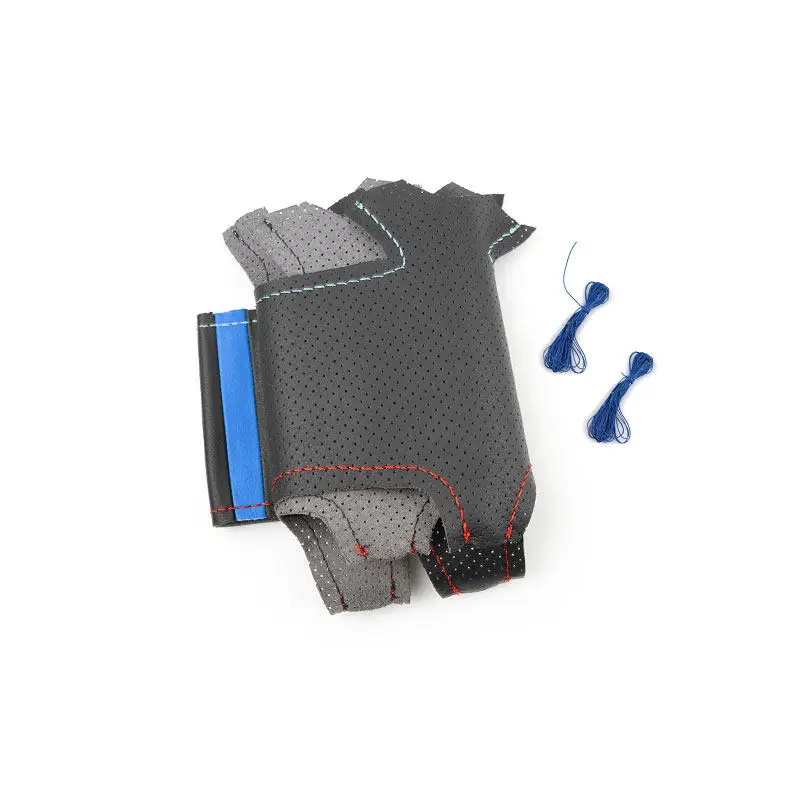For BMW X3 E83 2003-2010 X5 E53 2004-2006 Perforated Leather  blue bar Hand-stitched Car Steering Wheel Cover Protective Trim
