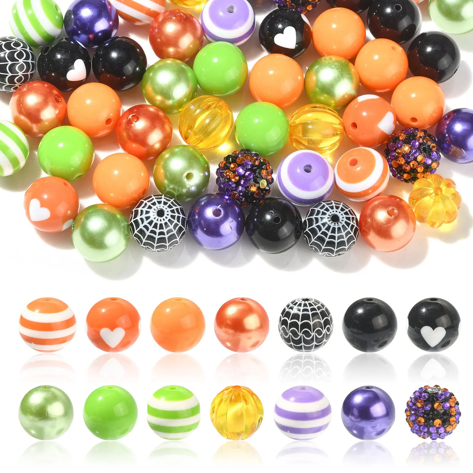 

PandaHall 50Pcs Mixed Styles 20mm Acrylic Halloween Bubblegum beads Cobweb Heart Round Beads for Festival Jewelry Making DIY