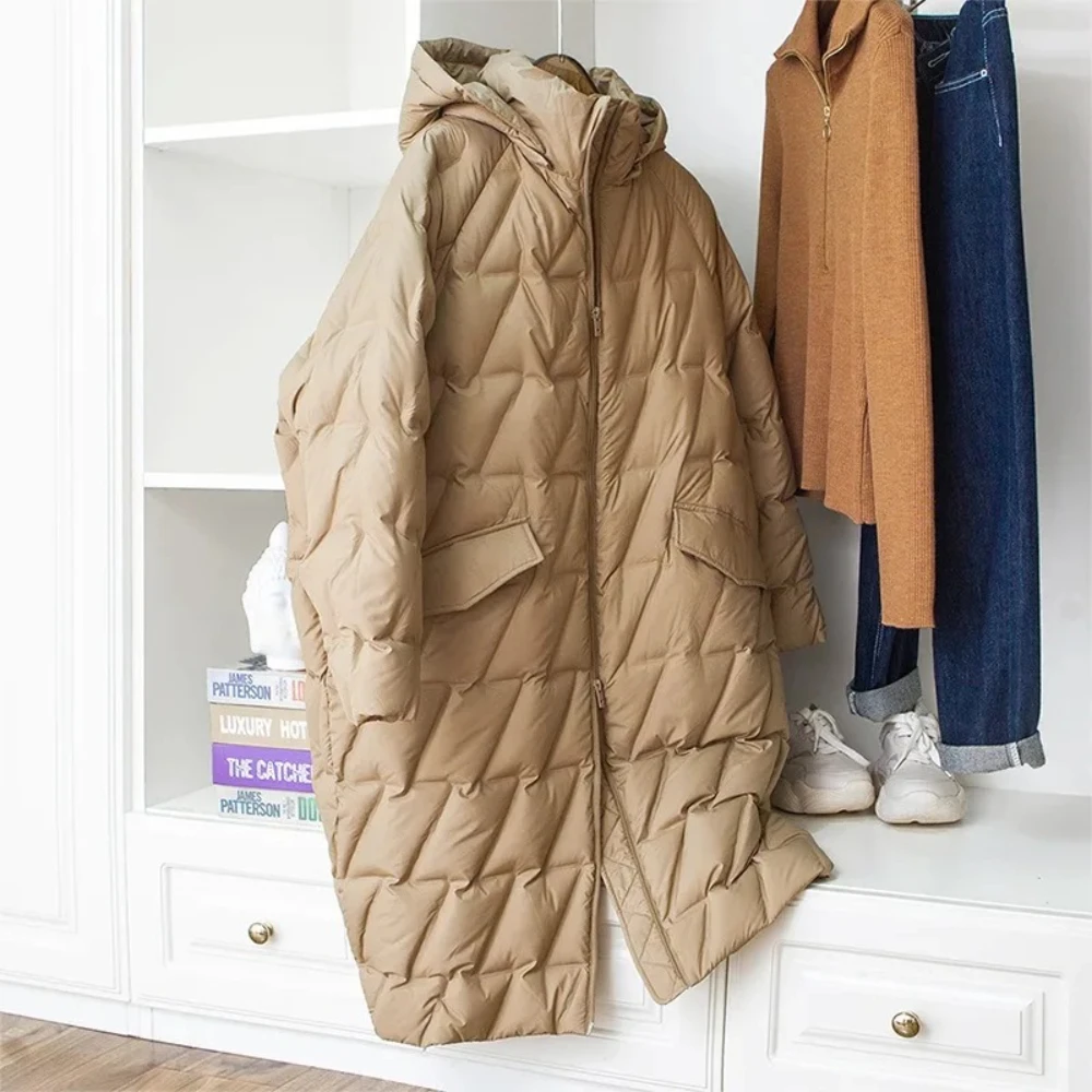 

White Duck Down Coat Women 2025 New Autumn Winter Clothing Female Long Hooded Puffer Jacket Lady Fashion Leisure Loose Warm Coat