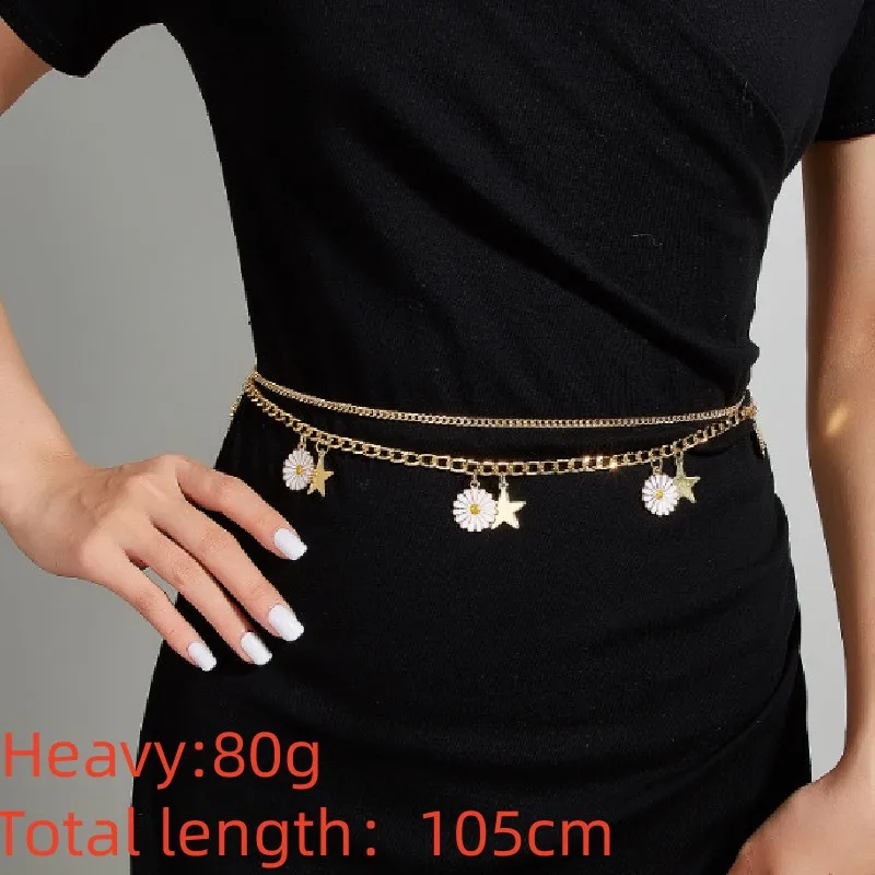 Golden New style Small Chrysanthemum Five-pointed Star Waist Chains For Iadies  Accessories Fashion Retro Frock Jewelry Collocat