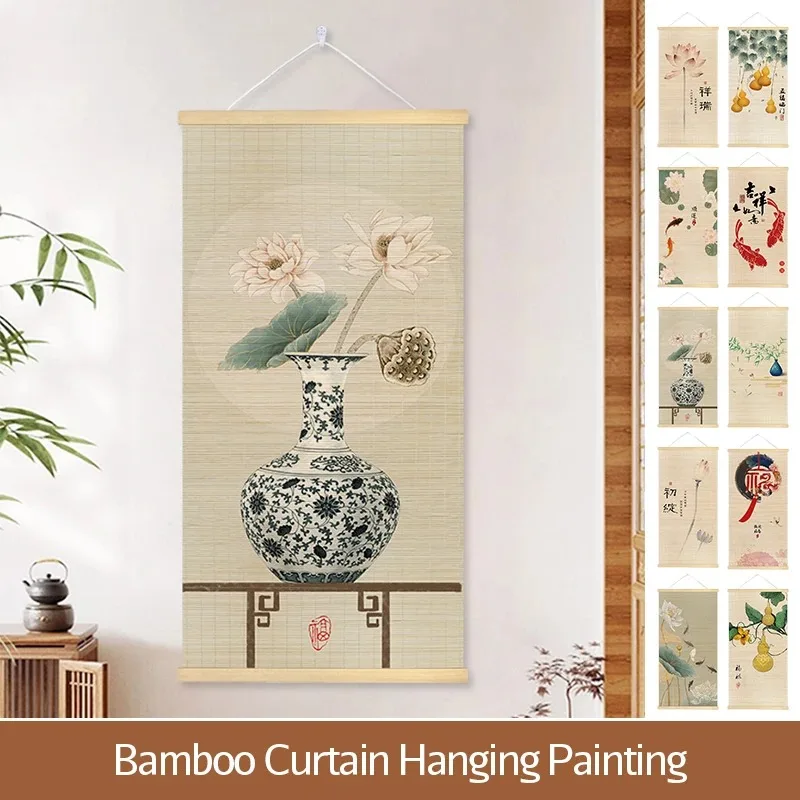 Chinese Style Bamboo Hanging Painting Curtain Roller Lotus Flower Study Zen Tea Background Room Decor
