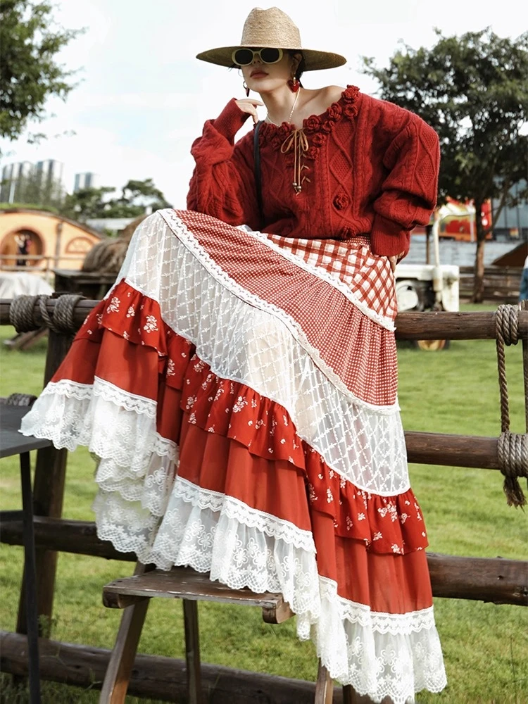62-80cm Waist Spring Fall Maxi Skirts Women Vintage Elegant French Countryside Lace Plaid Printed Patchwork Ruffles Cake Skirts