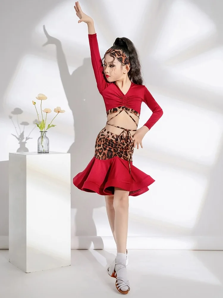 Disfraz de baile latino de Tango y leopardo para niñas, vestido de baile Cha Rumba, Falda de baile para niñas, ropa de práctica Latina para actuaciones