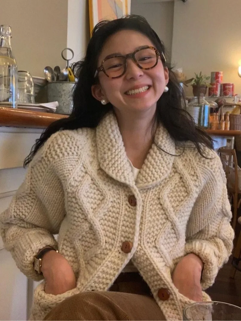 

Retro Chic Knitted Sweater Jaet Women's Long Sve Turn-down Collar Heavy Weave ket Versatile Autumn Winter Outerwear