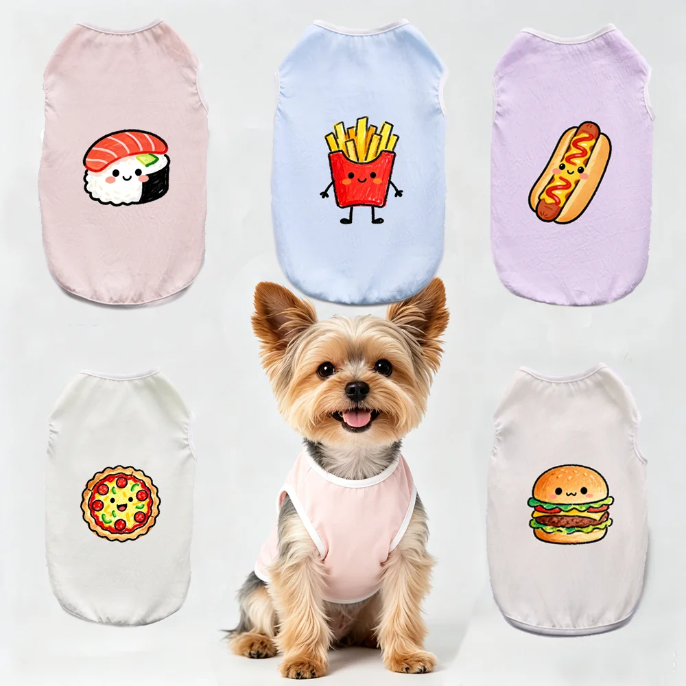 Summer Thin Pet Dog Sleeveless Vest Cartoon Hamburger Sushi Hot‑dog Pattern Tank Top Soft Breathable Dog Clothes for Yorkshire