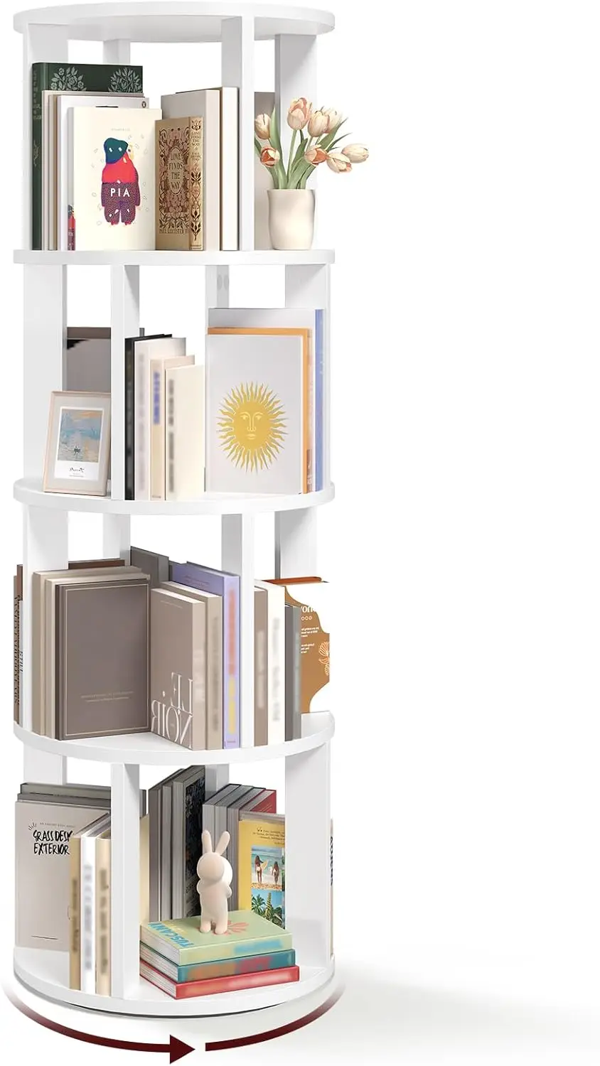 

4-ярусная вращающаяся книжная полка, 360° ° Вращающаяся напольная книжная полка-башня для книг и компакт-дисков, белая, для гостиной
