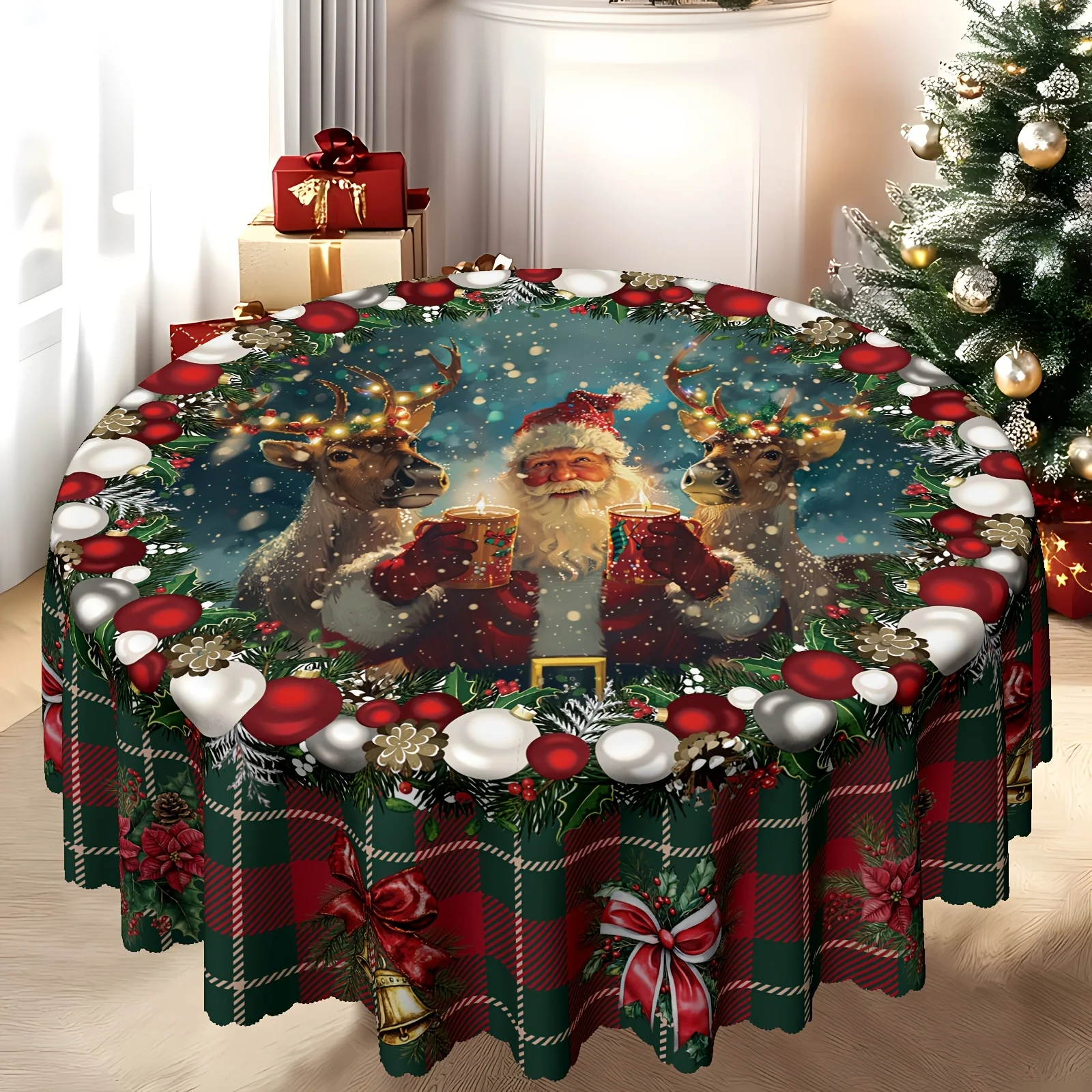 2D flat print 1-piece, Christmas-themed round tablecloth decorated with Santa and Reindeer Cheers