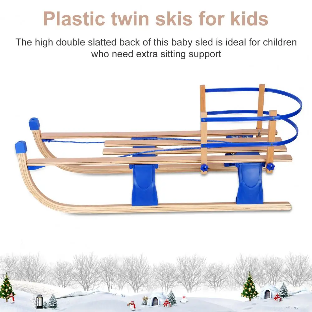 Snow Sled, Foldable Kids Sled with Backrest, Long Digging Rope Children Toboggan, Winter Outdoor Wood Sled