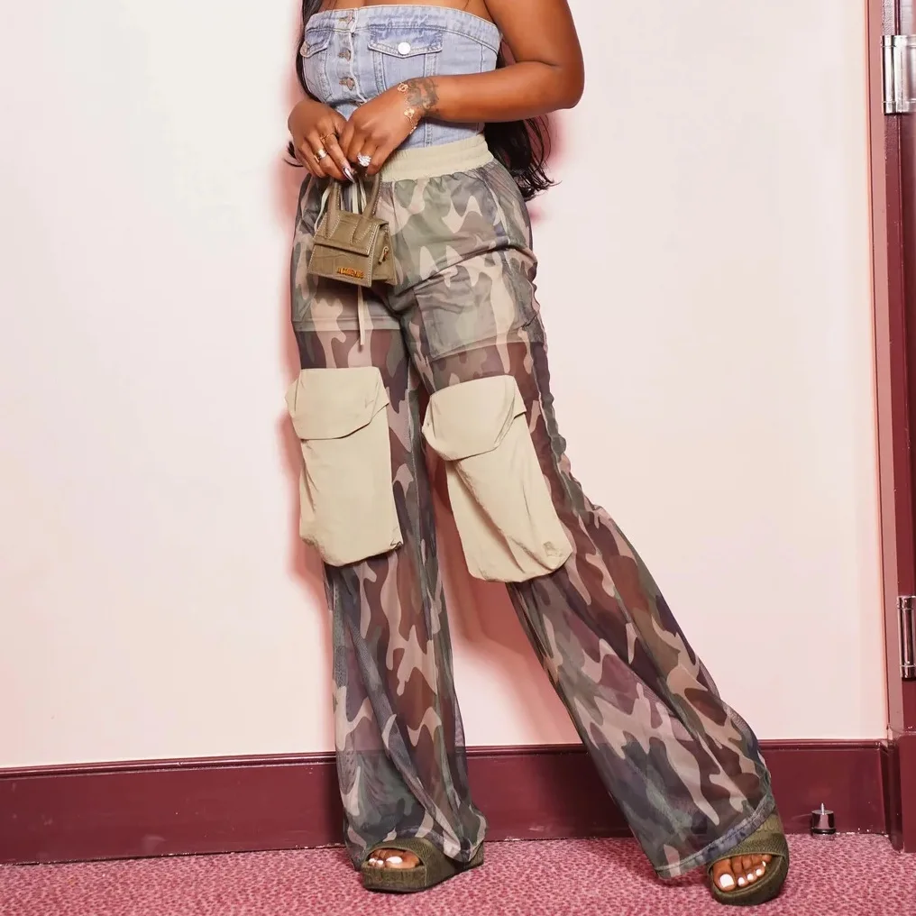 BKLD Y2k Clothing Mesh Camouflage Skirts For Woman Harajuku Fashion Streetwear Pockets Elastic Drawstring High Waist Cargo Skirt