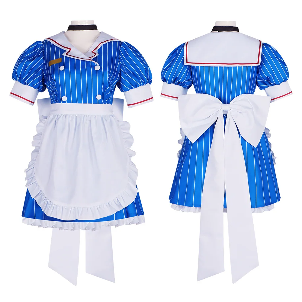 6 Stuks Hypnotiseur Cosplay Kostuum Mikuuuuu Hypnotiseur Cosplay Blauw Gestreepte Lolita Meid Jurk Halloween Feest Virtueel Uniform Pak