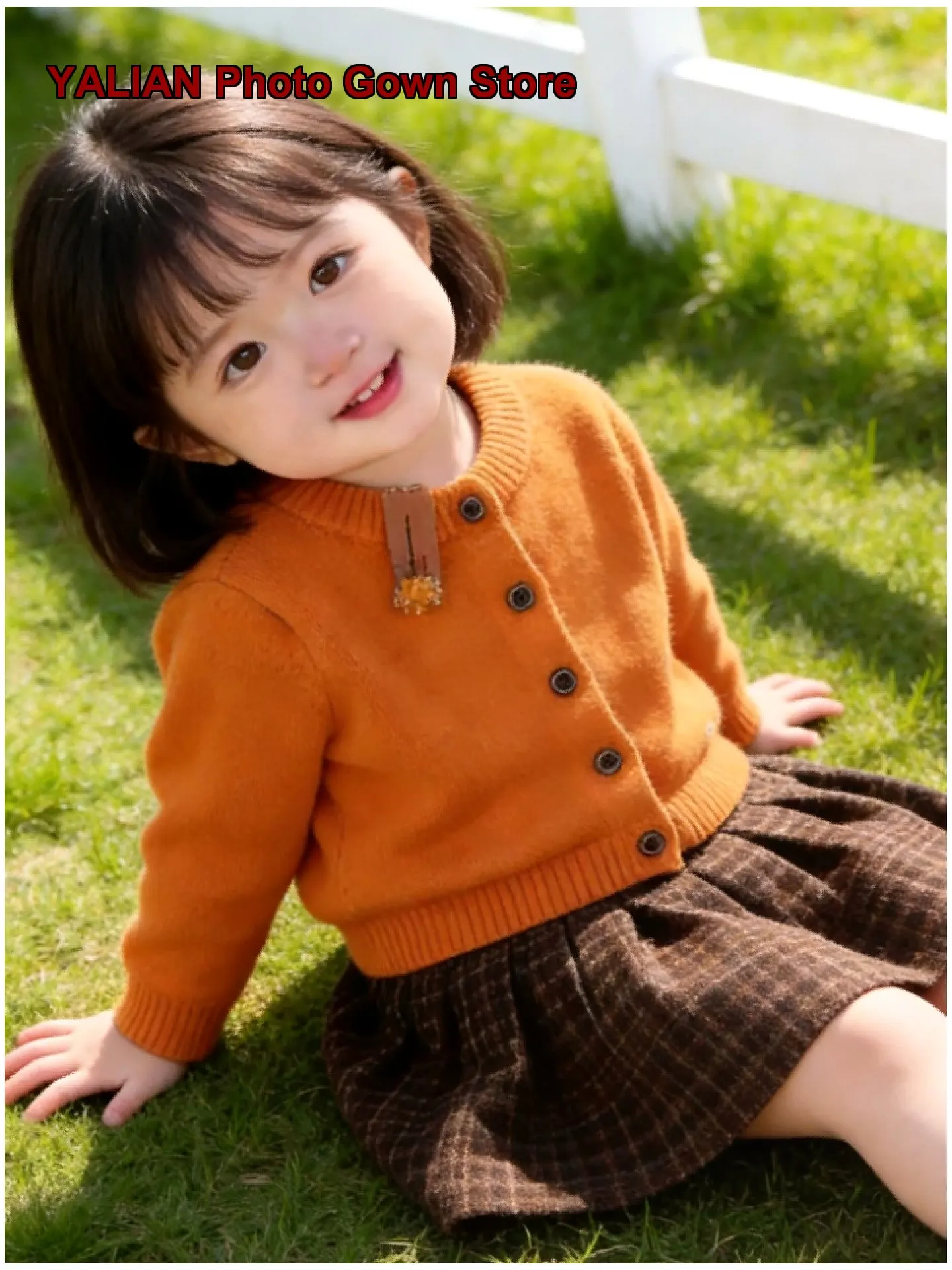 Infant Orange Knit Spring Autumn Round Neck Knit Gray Plaid Long Sleeves Little Kids Girls