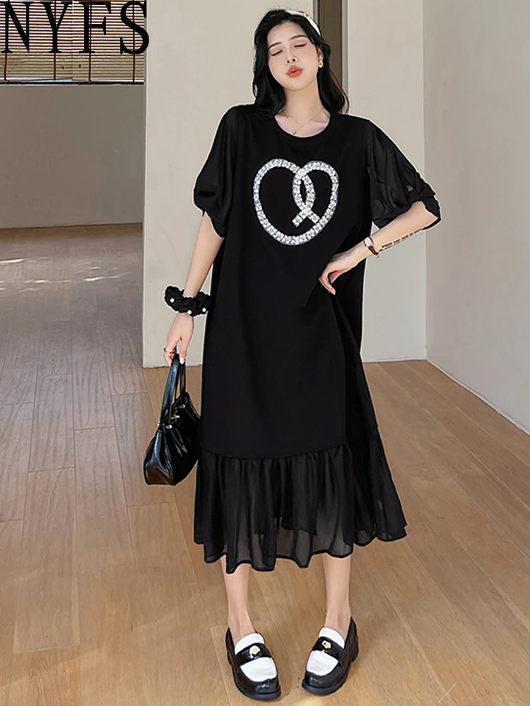 NYFS Summer 2025 Women's Dress Loose plus Size Pearl Embroidery Patchwork Chiffon Short Sleeve Long Dress Robe Elbise
