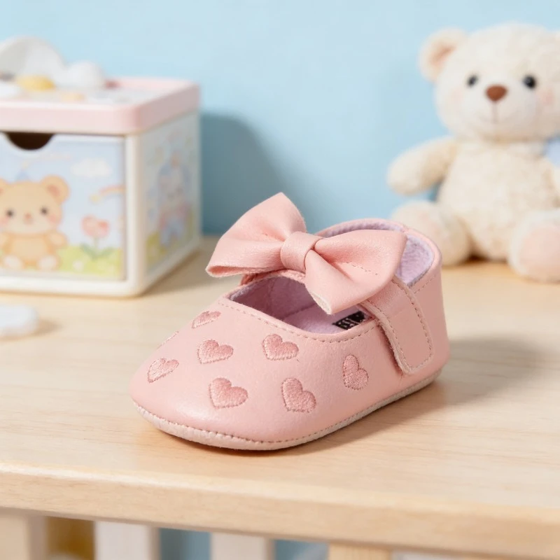 Baby Girls Indoor First Walker Shoes 0-18 Months Soft Cotton Sole Non-Slip Bowknot Embroidery Hook & Loop Booties