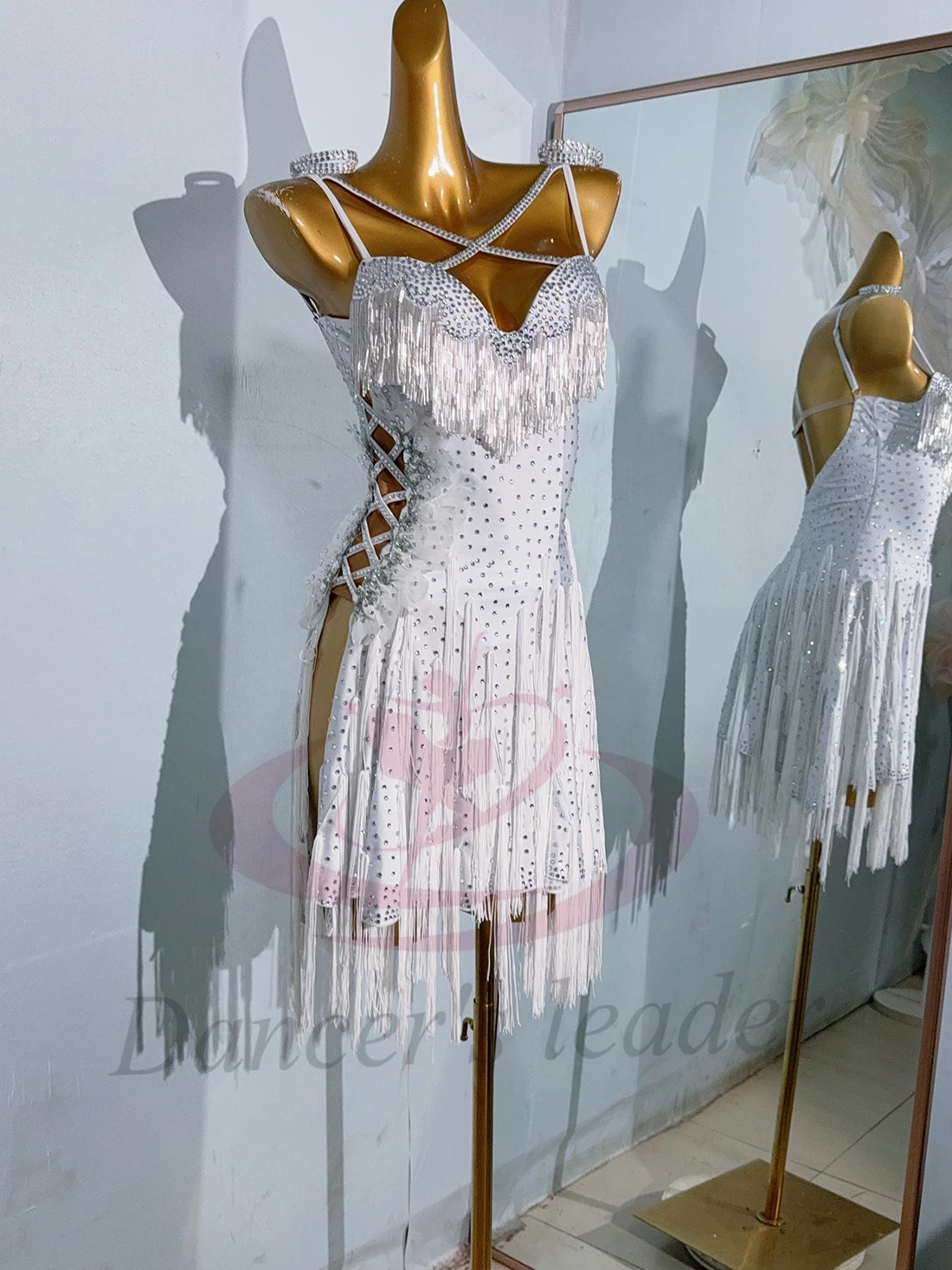 Latin Dance Costume Rhinestone Female Adult Children High-end Customized Silver Bead Tube Split Skirt Samba High Flash Dress
