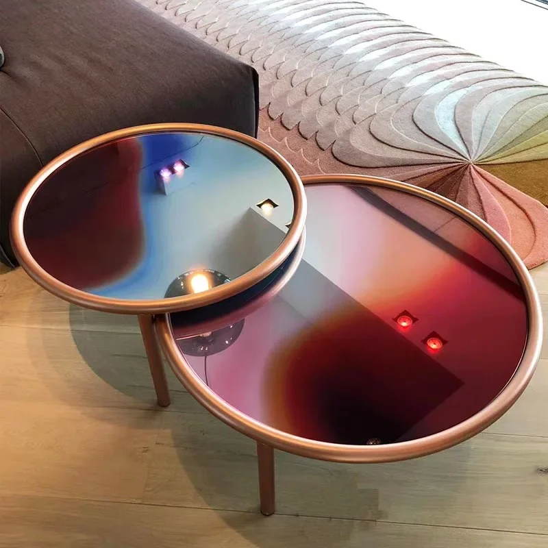 Tempered glass coffee table, household design round table, color gradual change tea table