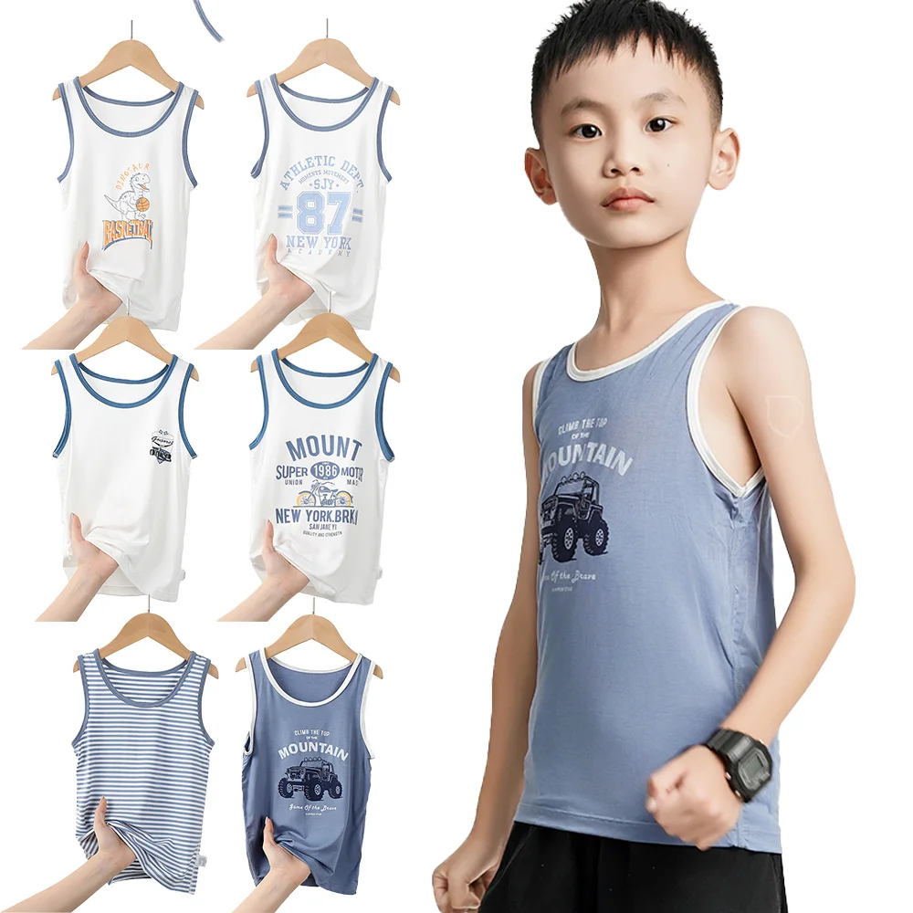 3Pcs 2024 New Boys Tank Tops White Kids Casual Vest Soft Undershirt Children Printed Sleeveless T-Shirt Summer Clothes Size 4-14