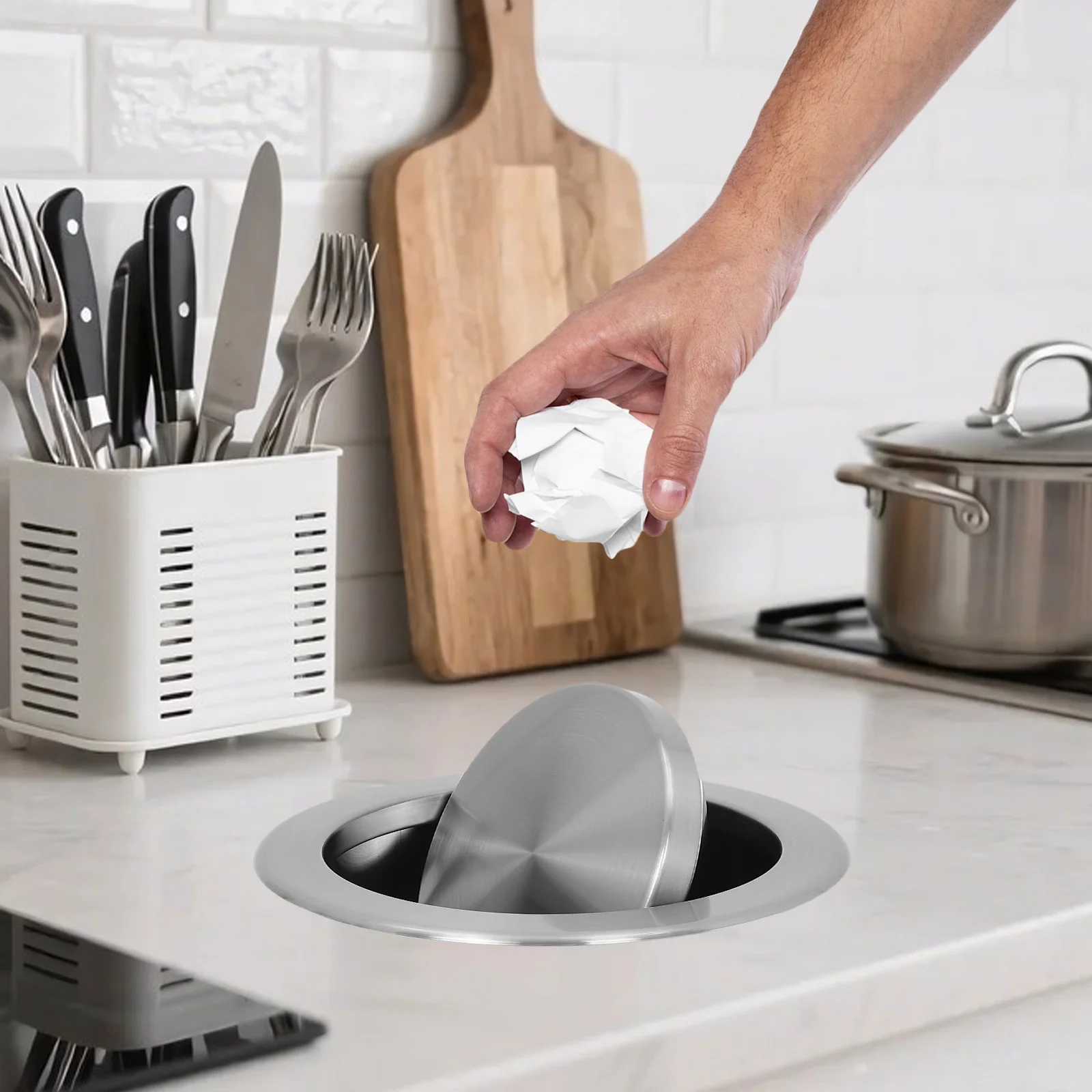 

Countertop Embedded Stainless Steel Trash Can Round Drop-in Lid Built-in Garbage Bin for Kitchen Office Restaurant Hotel