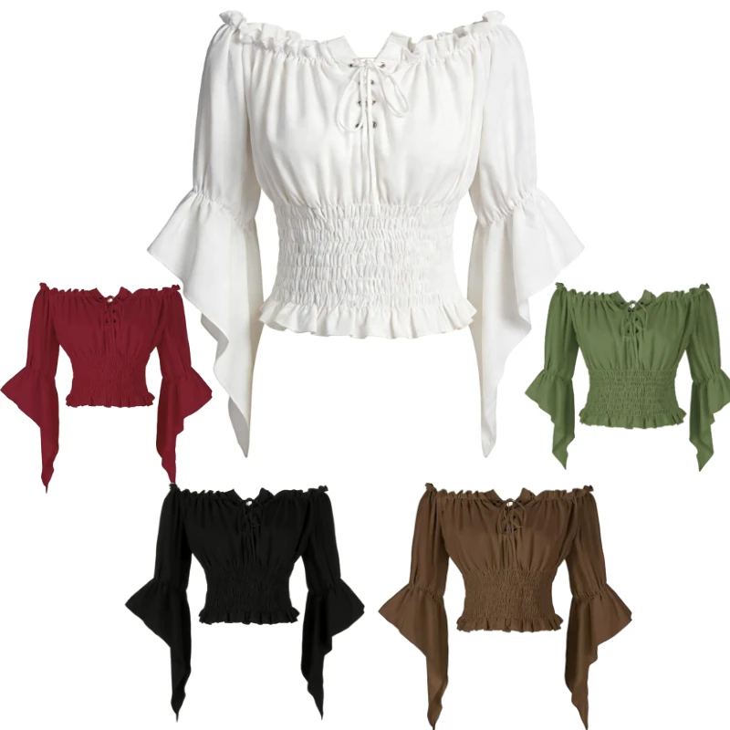

Women Renaissance Peasant Blouse Off Shoulder Trumpet Sleeve Shirt Steampunk Pirate Medieval Cosplay Costume Corset Top Vintage