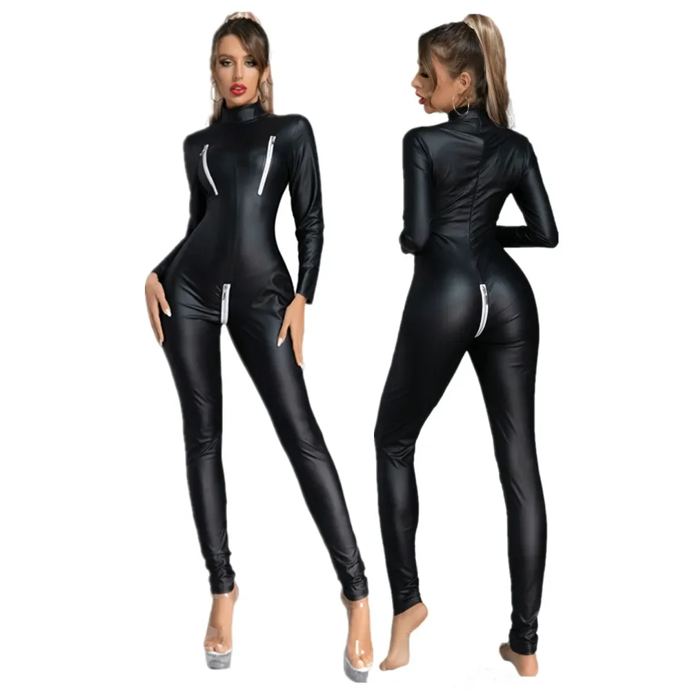 

Black Long Sleeve Faux Leather Jumpsuit Zip Open Crotch Catsuits Night Club Sexy Stage Pole Dance Bodysuit