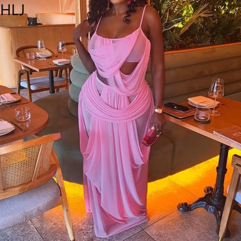 

HLJ Casual Mesh See Through 2 Piece Sets Woman Outfit Spaghetti Strap Backless Crop Top and Skirt Female Beachwear Vestidos 2026