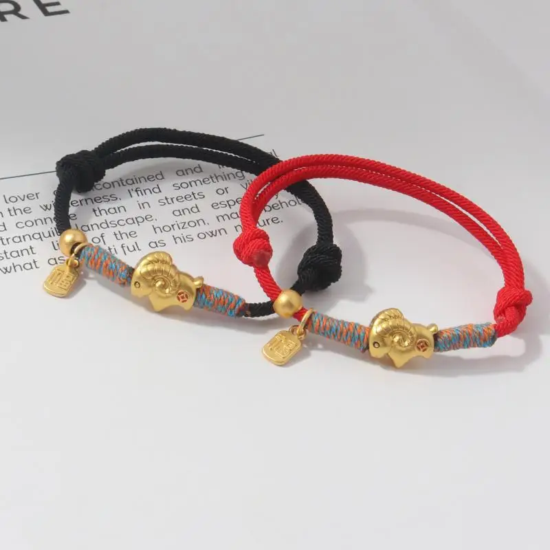 Verstellbares Zodiak-Ziegen-Armband, vergoldeter Charm, geflochtenes Seilarmband, chinesische Perlen, Damen, Neu – Detail 7