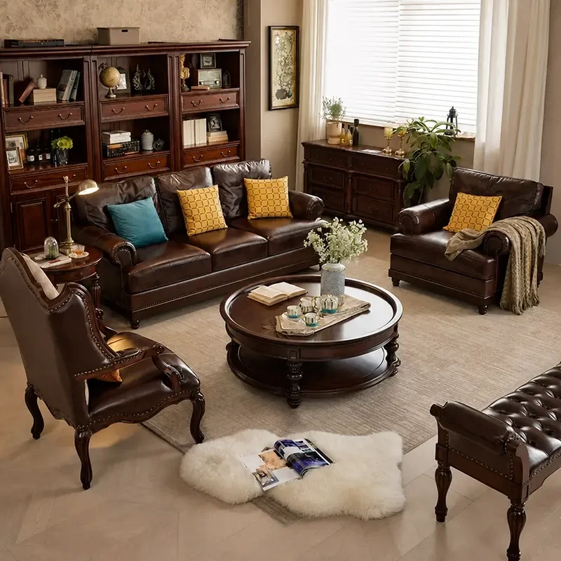 American Neoclassical Solid Wood Round Coffee Table Retro Double Tea Table for Living Room Small Apartment Reception Desk