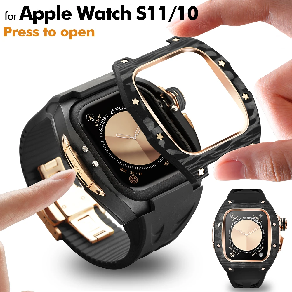 Press to Open, NEW For Apple Watch S11/10 46mm Carbon Fiber Case Luxury Modification Kit, Fashion Protection Fluororubber iWatch