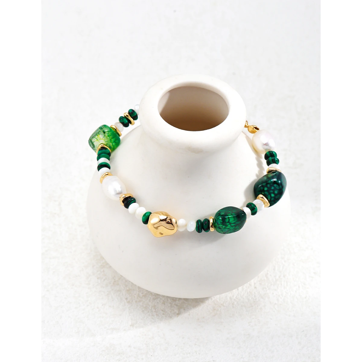 

S925 sterling silver plated 18K gold | pearl | green blue patterned agate | mother shell bracelet chain length 16+3cm 101915