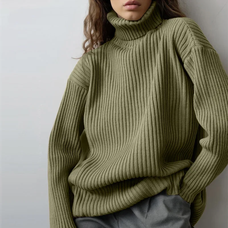 Women Clothes Set Turtleneck Sweater Loose Thermal Pullover Solid Color Loose Fashionable Skirt Casual Simple Two-piece Set