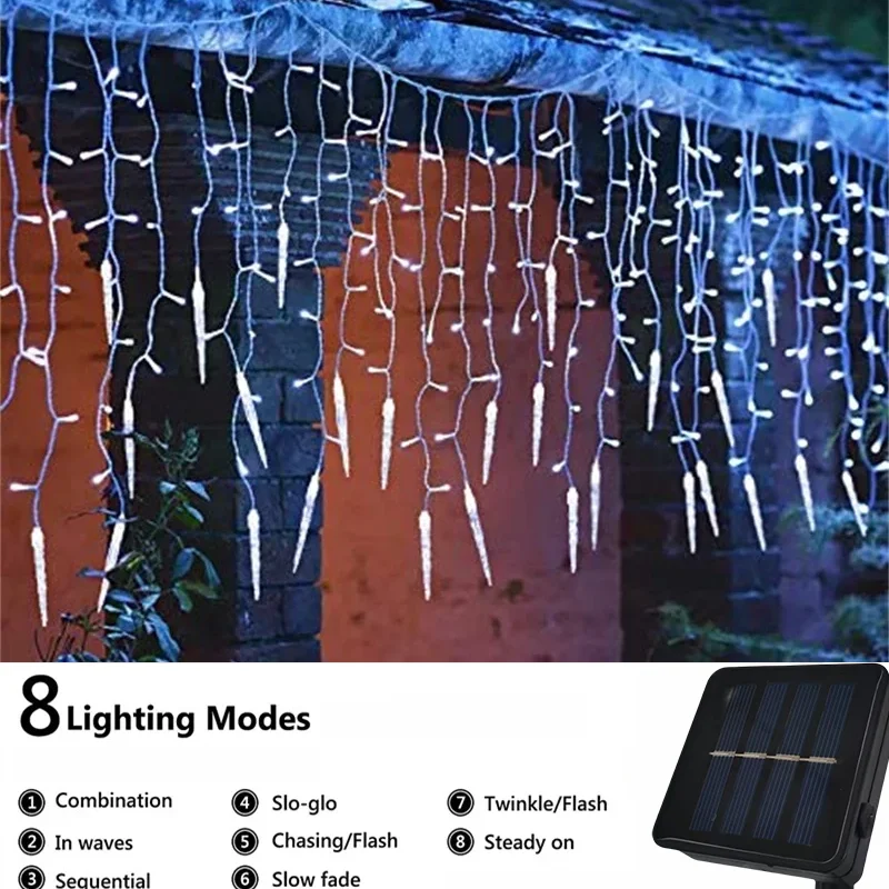 

Уличный солнечный светильник, рождественский светильник 96/162 светодиодов, сосулька, гирлянда, 16/27 капель, 8 режимов, оконный занавес, светильник для садовой вечеринки