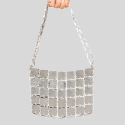 Metallic Square Piece Aluminum Sheet Luxury Designer Handbag For Women Purse 2023 Handmade Weave Crossbody Sequins Evening Bag