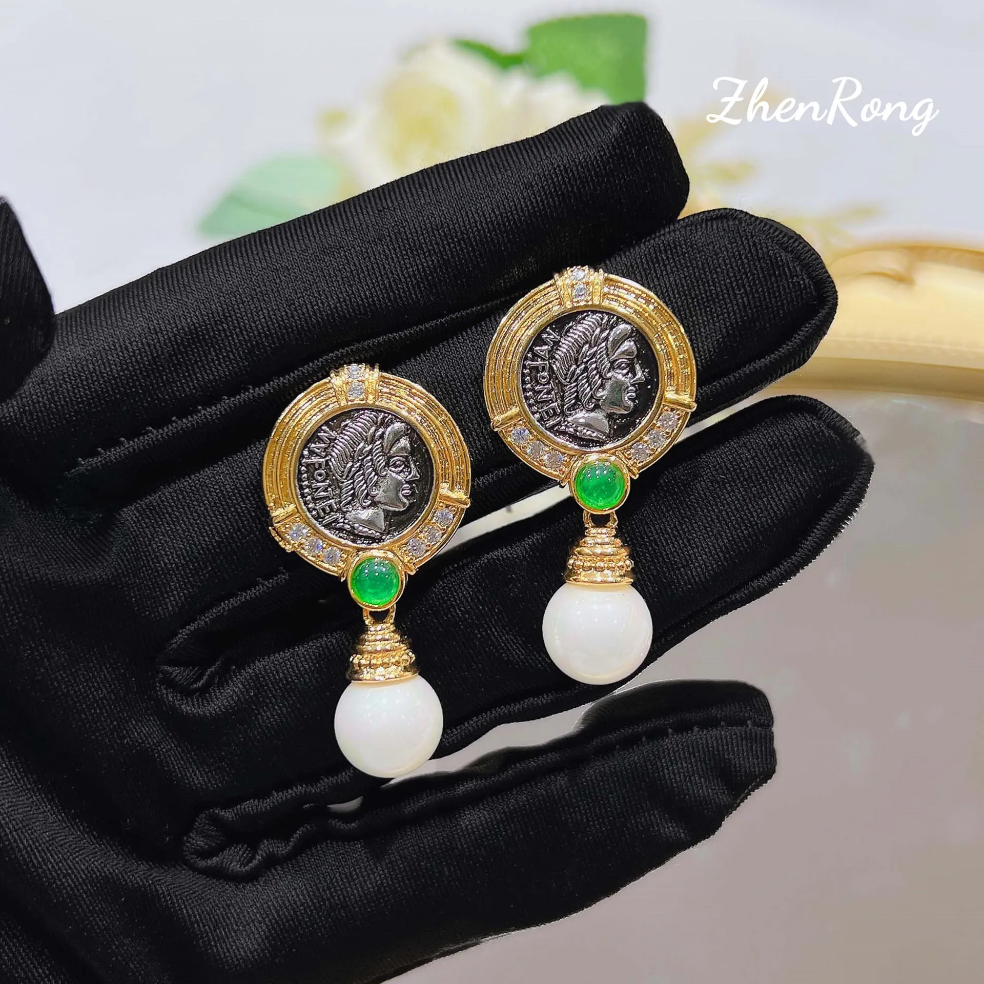 Foydjew French Style Vintage Jewelry Exquisite Relief Sun God Apollo Portrait Ancient Coins Pearl Drop Dangle Earrings For Women