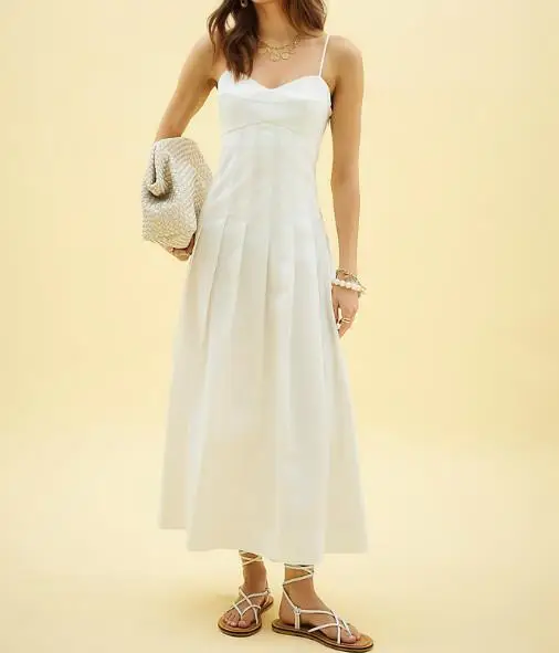 

Summer fishbone strapless sleeveless waist cinching large display solid color medium length dress with suspender dress