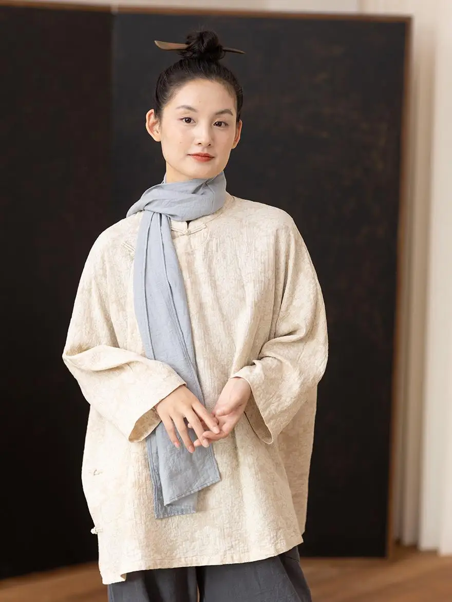 

Свободная рубашка из хлопка и льна с воротником-стойкой, на пуговицах, в традиционном китайском стиле, с длинным рукавом, для работы и повседневной носки, удобная.