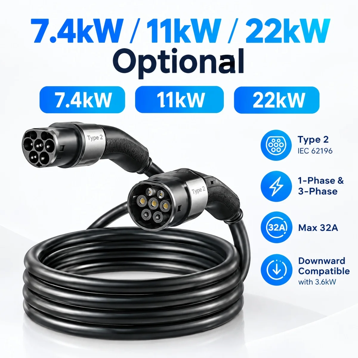 Type2 EV Charger Extension Cable 7kW/11kW/22kW 5m-25m Type2 Female to Male Plug All Type2 Charging Plugs EVSE Charging Station